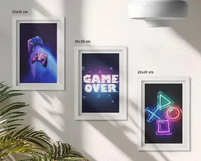 Game Over icon gamepad triptych framed wall art set