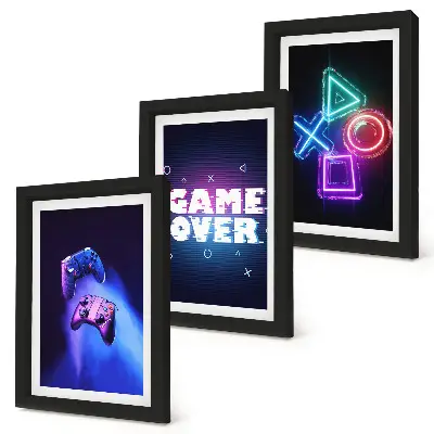 Game Over icon gamepad triptych framed wall art set