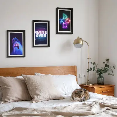 Game Over icon gamepad triptych framed wall art set