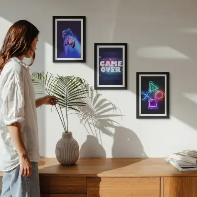 Game Over icon gamepad triptych framed wall art set