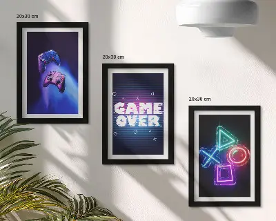 Game Over icon gamepad triptych framed wall art set