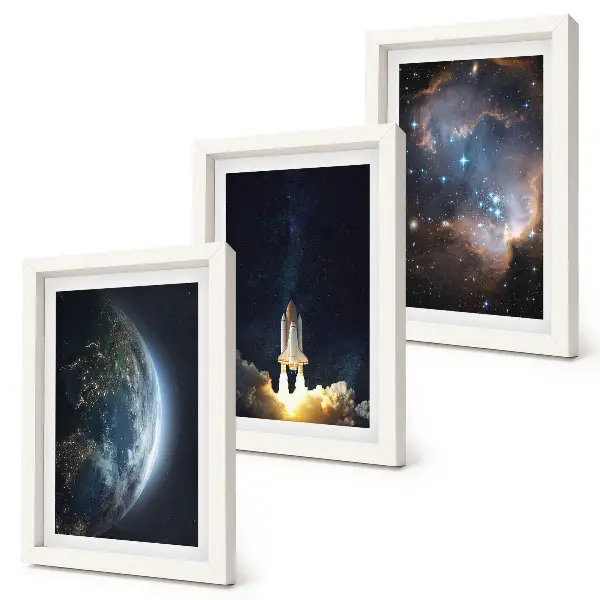 Space Earth rocket galaxy stars triptych framed wall art