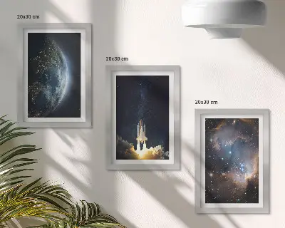 Space Earth rocket galaxy stars triptych framed wall art