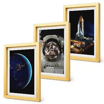 3-Piece wall art set featuring space views with Earth, an astronaut, and a rocket