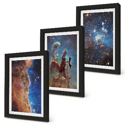 Framed triptych Space landscapes with galaxies and nebulae