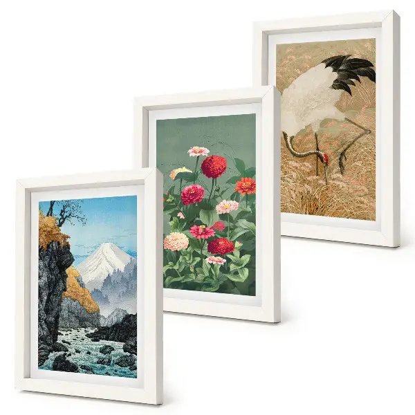 3-piece wall art set featuring a mountain landscape with a river, flowers, and cranes in the grass