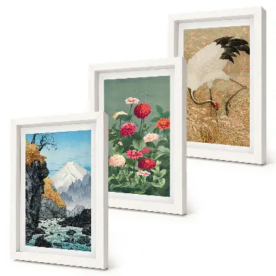 3-piece wall art set featuring a mountain landscape with a river, flowers, and cranes in the grass
