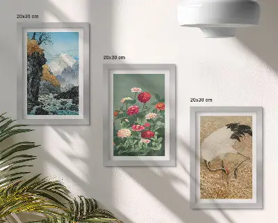 3-piece wall art set featuring a mountain landscape with a river, flowers, and cranes in the grass