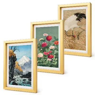 3-piece wall art set featuring a mountain landscape with a river, flowers, and cranes in the grass
