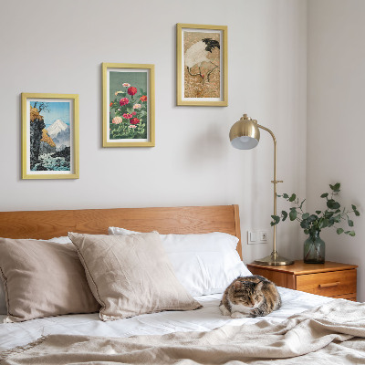 3-piece wall art set Mountains in the landscape, river, flowers and cranes in the grass