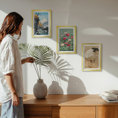 3-piece wall art set Mountains in the landscape, river, flowers and cranes in the grass