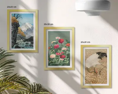 3-piece wall art set featuring a mountain landscape with a river, flowers, and cranes in the grass