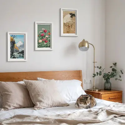 3-piece wall art set featuring a mountain landscape with a river, flowers, and cranes in the grass