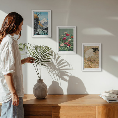 3-piece wall art set Mountains in the landscape, river, flowers and cranes in the grass