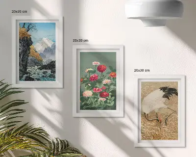 3-piece wall art set featuring a mountain landscape with a river, flowers, and cranes in the grass