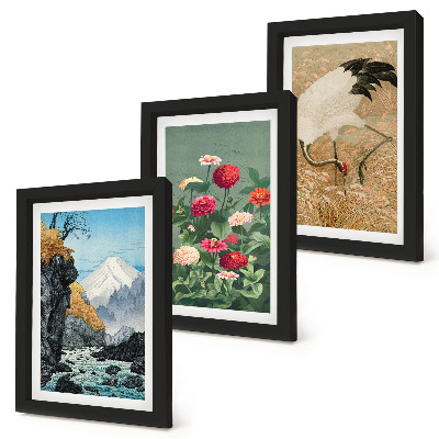 3-piece wall art set Mountains in the landscape, river, flowers and cranes in the grass