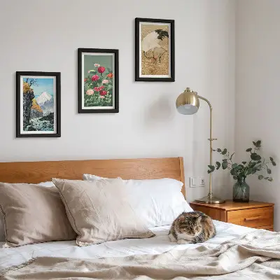 3-piece wall art set featuring a mountain landscape with a river, flowers, and cranes in the grass