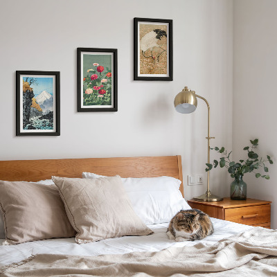 3-piece wall art set Mountains in the landscape, river, flowers and cranes in the grass