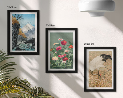 3-piece wall art set Mountains in the landscape, river, flowers and cranes in the grass