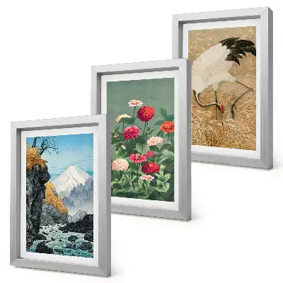 3-piece wall art set featuring a mountain landscape with a river, flowers, and cranes in the grass