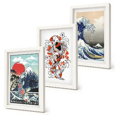 Japanese style mountain and Great Wave illustration triptych framed wall art set