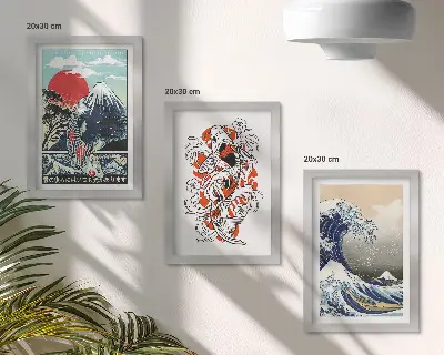 Japanese style mountain and Great Wave illustration triptych framed wall art set