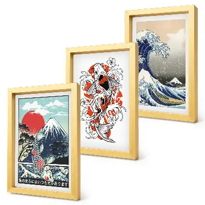 Japanese style mountain and Great Wave illustration triptych framed wall art set