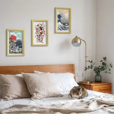 Framed triptych Illustrations of mountains of fish and the Great Wave off Kanagawa, Japanese style