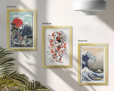 Japanese style mountain and Great Wave illustration triptych framed wall art set