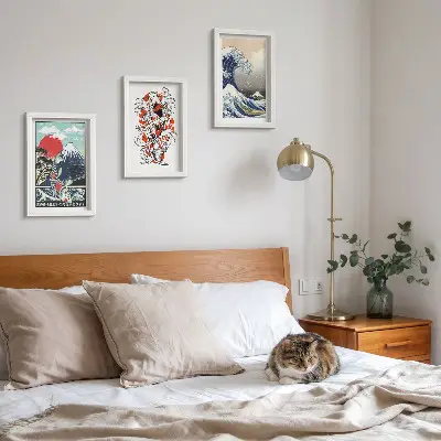 Framed triptych Illustrations of mountains of fish and the Great Wave off Kanagawa, Japanese style