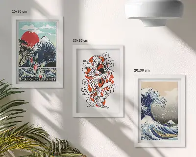 Framed triptych Illustrations of mountains of fish and the Great Wave off Kanagawa, Japanese style