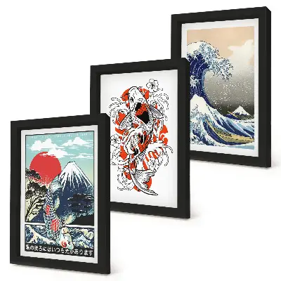 Japanese style mountain and Great Wave illustration triptych framed wall art set