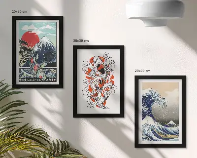 Japanese style mountain and Great Wave illustration triptych framed wall art set