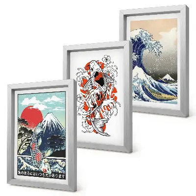Framed triptych Illustrations of mountains of fish and the Great Wave off Kanagawa, Japanese style
