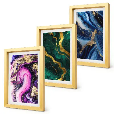 Photo frame wall with abstract patterns in shades of pink, green, and blue