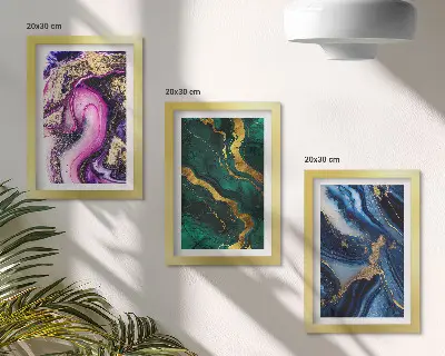 Photo frame wall with abstract patterns in shades of pink, green, and blue