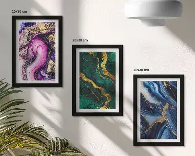 Photo frame wall with abstract patterns in shades of pink, green, and blue