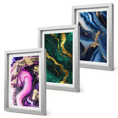 Photo frame wall with abstract patterns in shades of pink, green, and blue