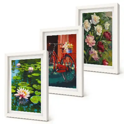 Framed triptych lilies on the water, bicycle in the garden, and colorful flowers