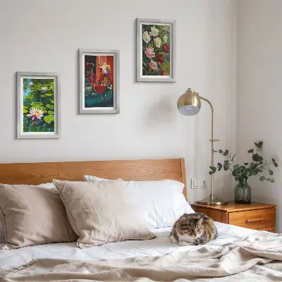 Framed triptych lilies on the water, bicycle in the garden, and colorful flowers