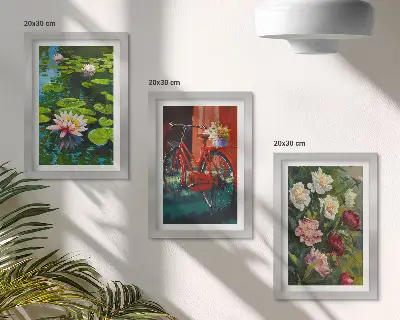 Framed triptych lilies on the water, bicycle in the garden, and colorful flowers