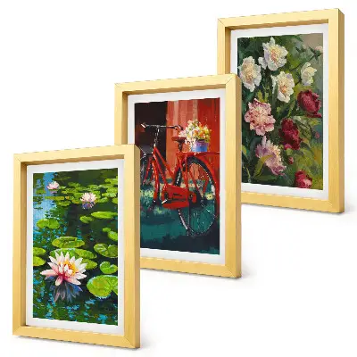 Framed triptych lilies on the water, bicycle in the garden, and colorful flowers