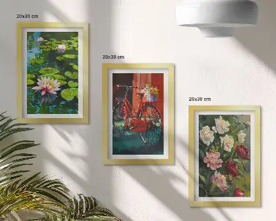 Framed triptych lilies on the water, bicycle in the garden, and colorful flowers