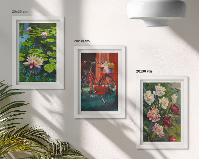 Framed triptych Lilies on the water, bicycle in the garden, colorful flowers
