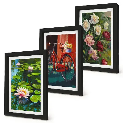 Framed triptych lilies on the water, bicycle in the garden, and colorful flowers