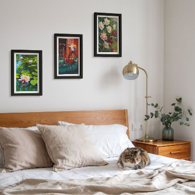 Framed triptych Lilies on the water, bicycle in the garden, colorful flowers