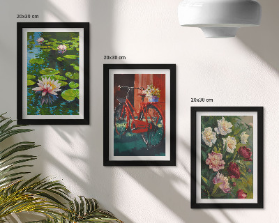Framed triptych Lilies on the water, bicycle in the garden, colorful flowers