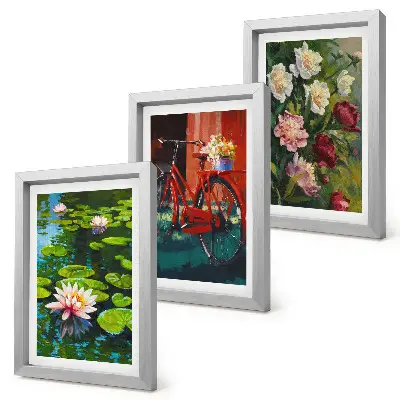 Framed triptych lilies on the water, bicycle in the garden, and colorful flowers