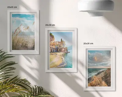 3-piece wall art set seaside landscapes featuring a beach, city, and cliffs