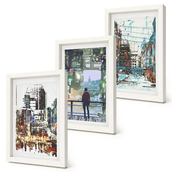 3-piece wall art set modern cities in vibrant colors with a background figure